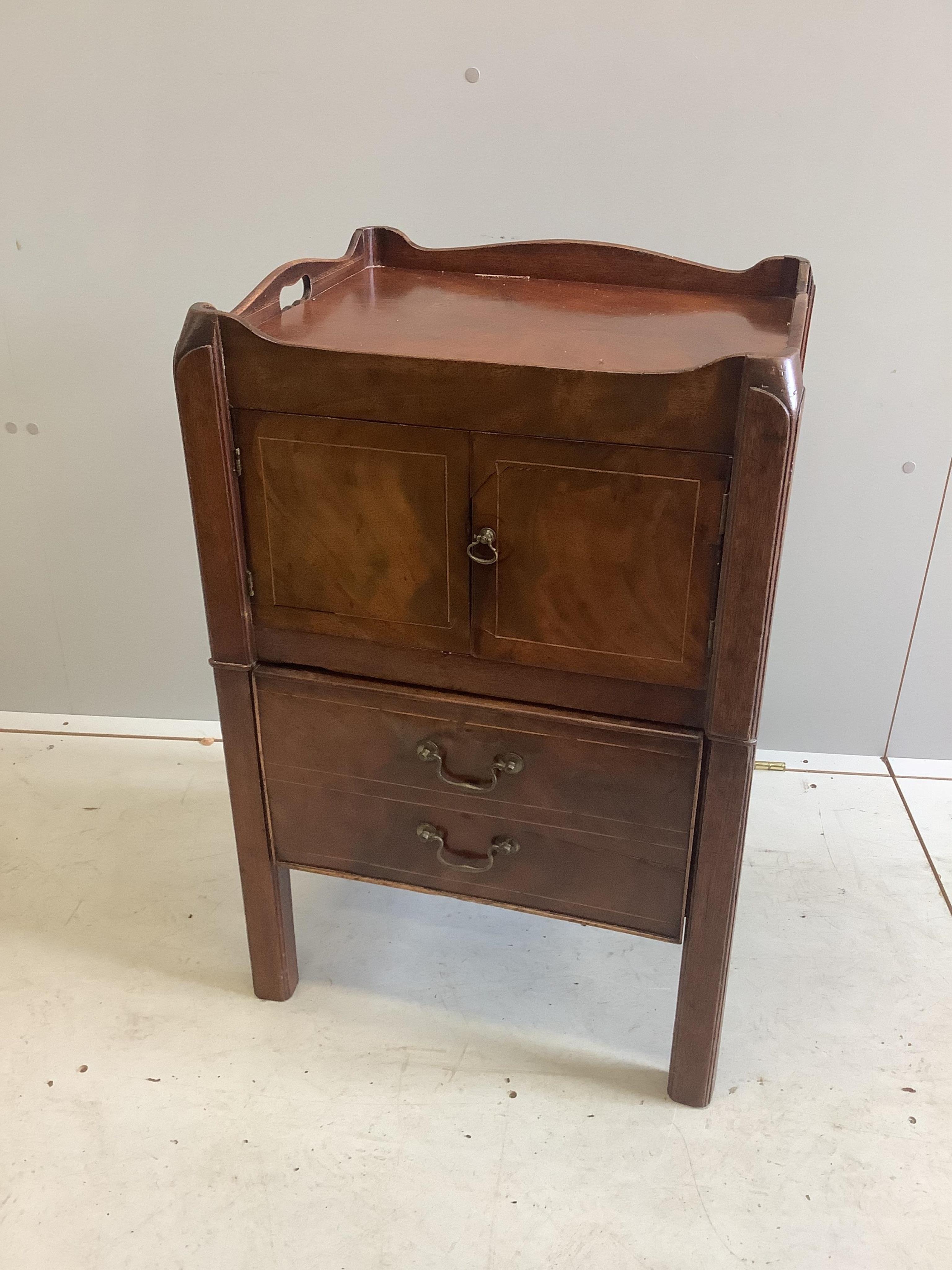 A George III mahogany tray top bedside cabinet, width 50cm, depth 44cm, height 75cm. Condition - fair